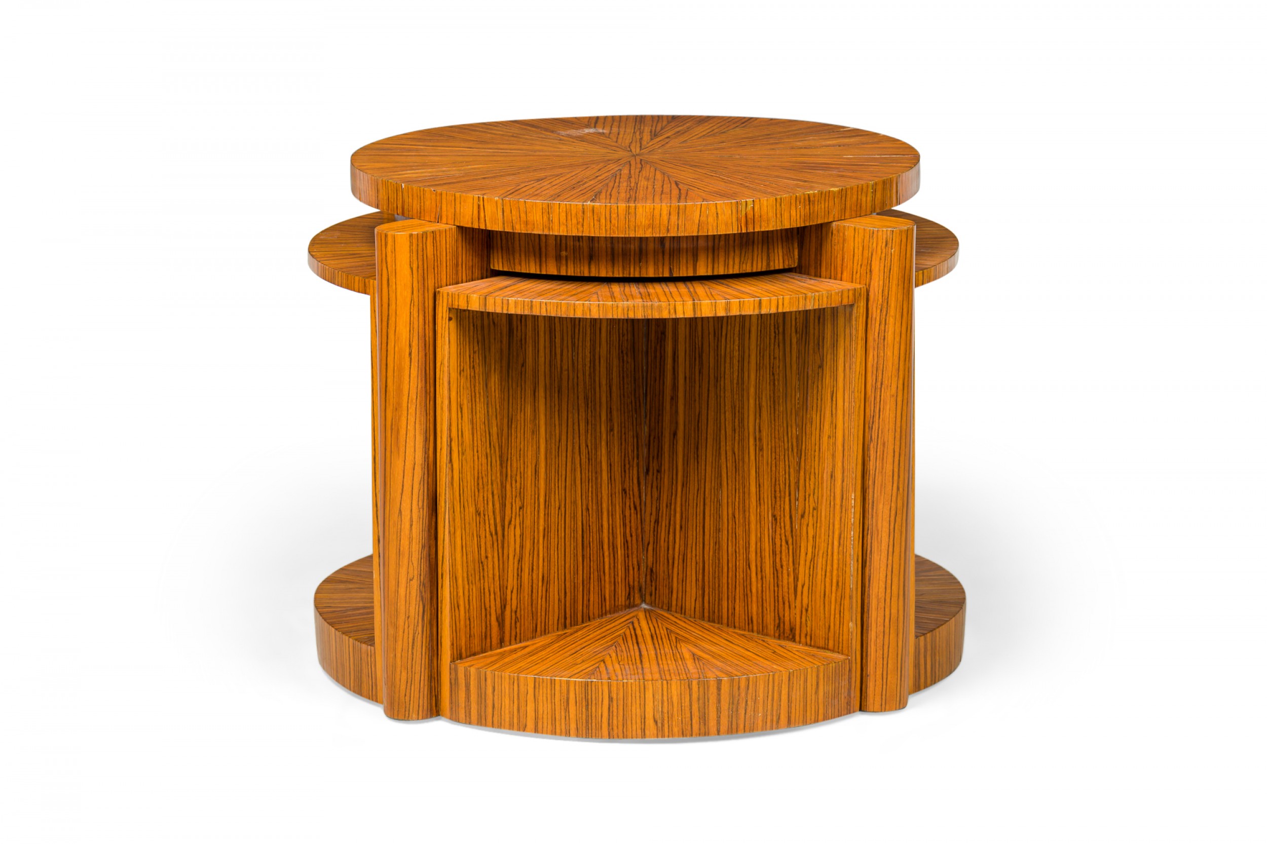 Mid century american zebra wood occasional table and 4 wedge stools attributed to vladimir kagan